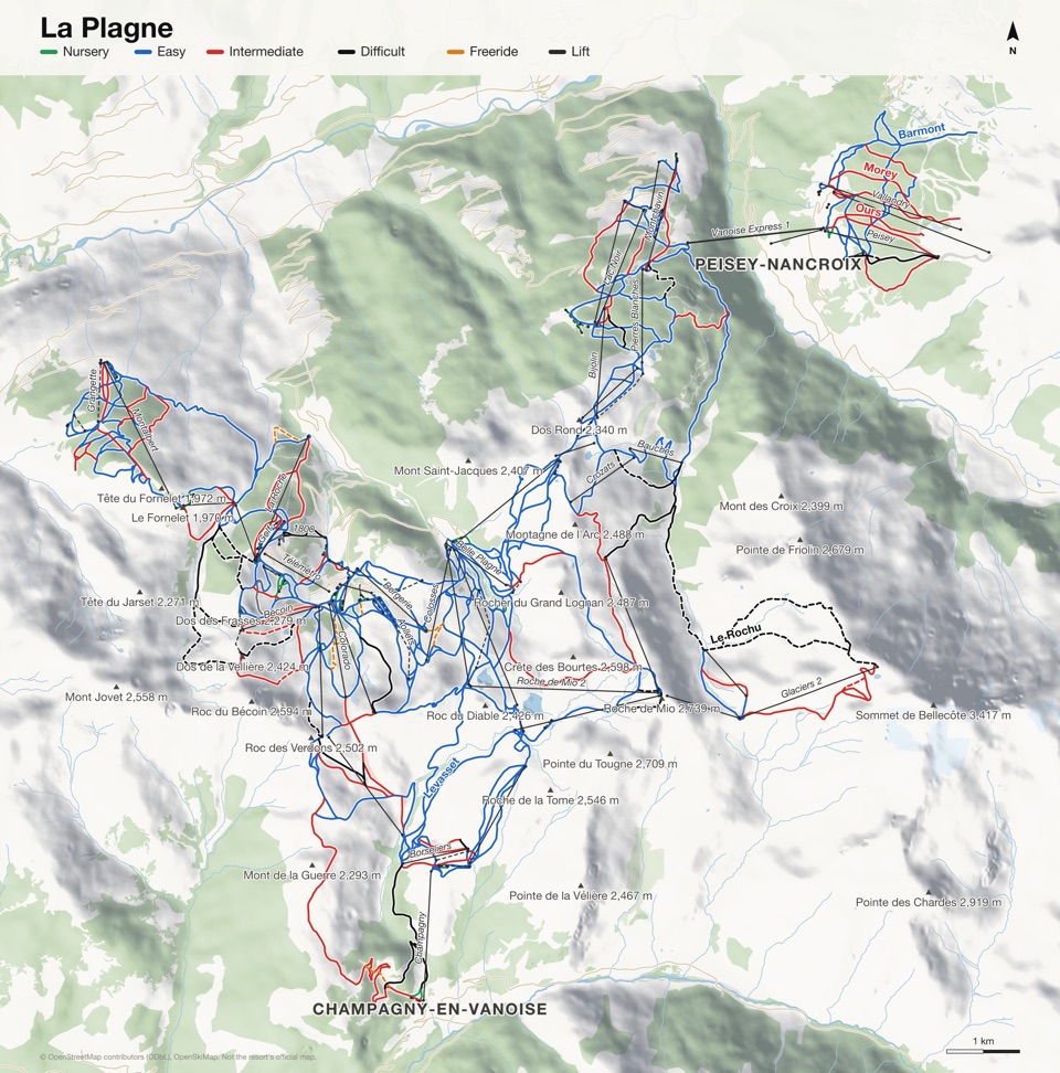 Map of La Plagne with 178 named runs and 91 lifts, coloured by difficulty