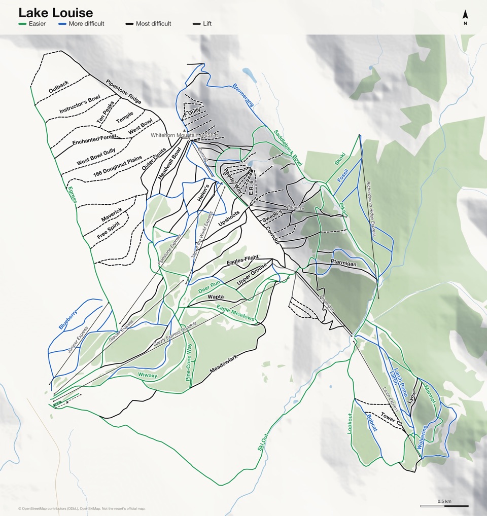 Map of Lake Louise with 149 named runs and 10 lifts, coloured by difficulty