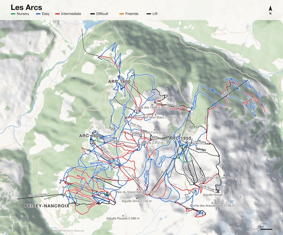 Map of Les Arcs with 149 named runs and 67 lifts, coloured by difficulty