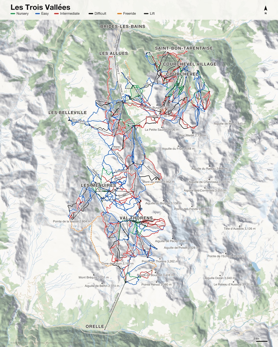Map of Les Trois Vallées with 372 named runs and 145 lifts, coloured by difficulty