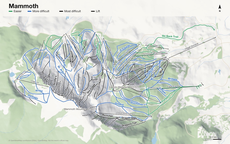 Map of Mammoth with 159 named runs and 26 lifts, coloured by difficulty