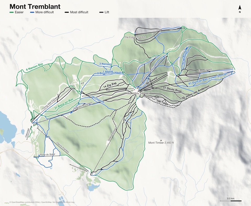 Map of Mont Tremblant with 128 named runs and 16 lifts, coloured by difficulty
