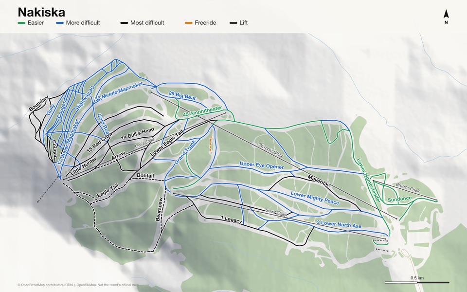 Map of Nakiska with 72 named runs and 5 lifts, coloured by difficulty