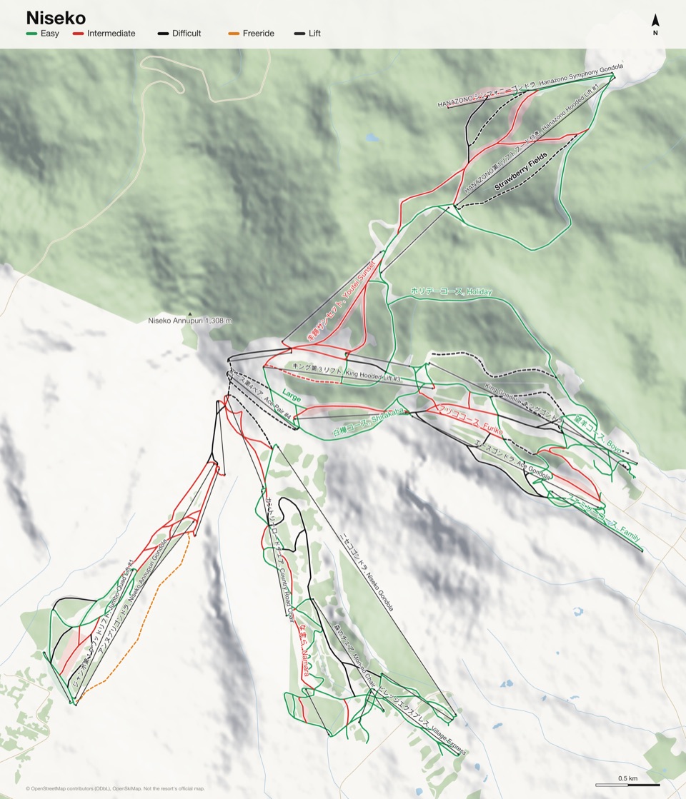 Map of Niseko with 89 named runs and 27 lifts, coloured by difficulty