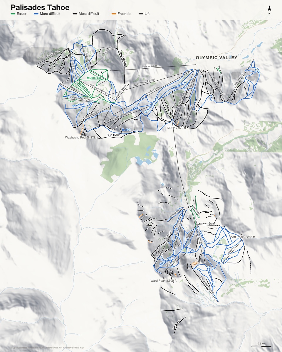 Map of Palisades Tahoe with 239 named runs and 44 lifts, coloured by difficulty