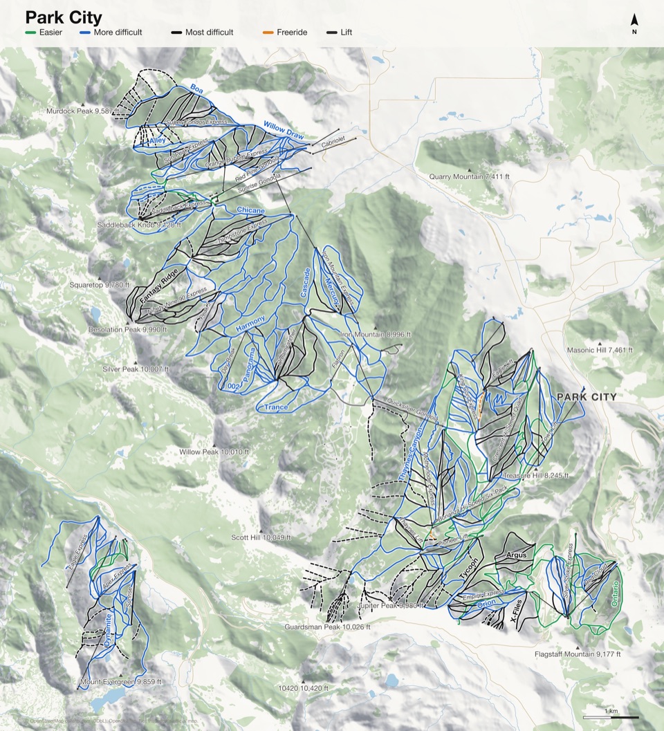 Map of Park City with 432 named runs and 51 lifts, coloured by difficulty