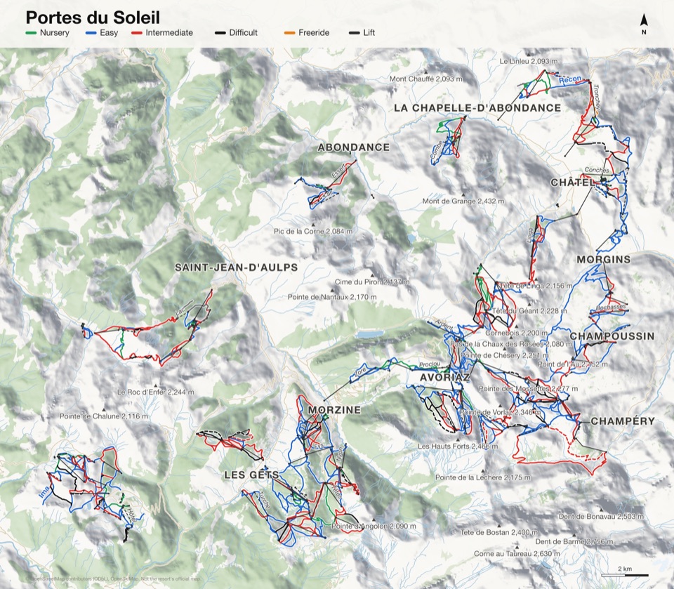 Map of Portes du Soleil with 408 named runs and 201 lifts, coloured by difficulty