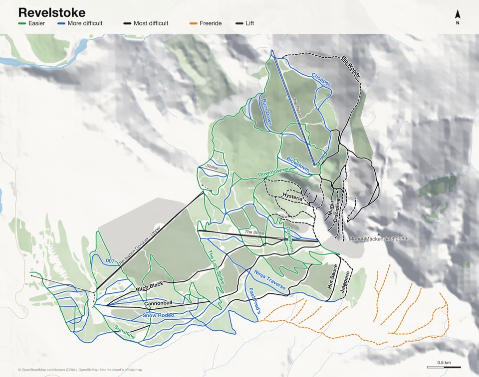 Map of Revelstoke with 64 named runs and 6 lifts, coloured by difficulty