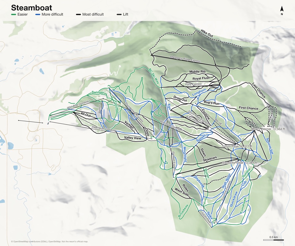 Map of Steamboat with 190 named runs and 20 lifts, coloured by difficulty