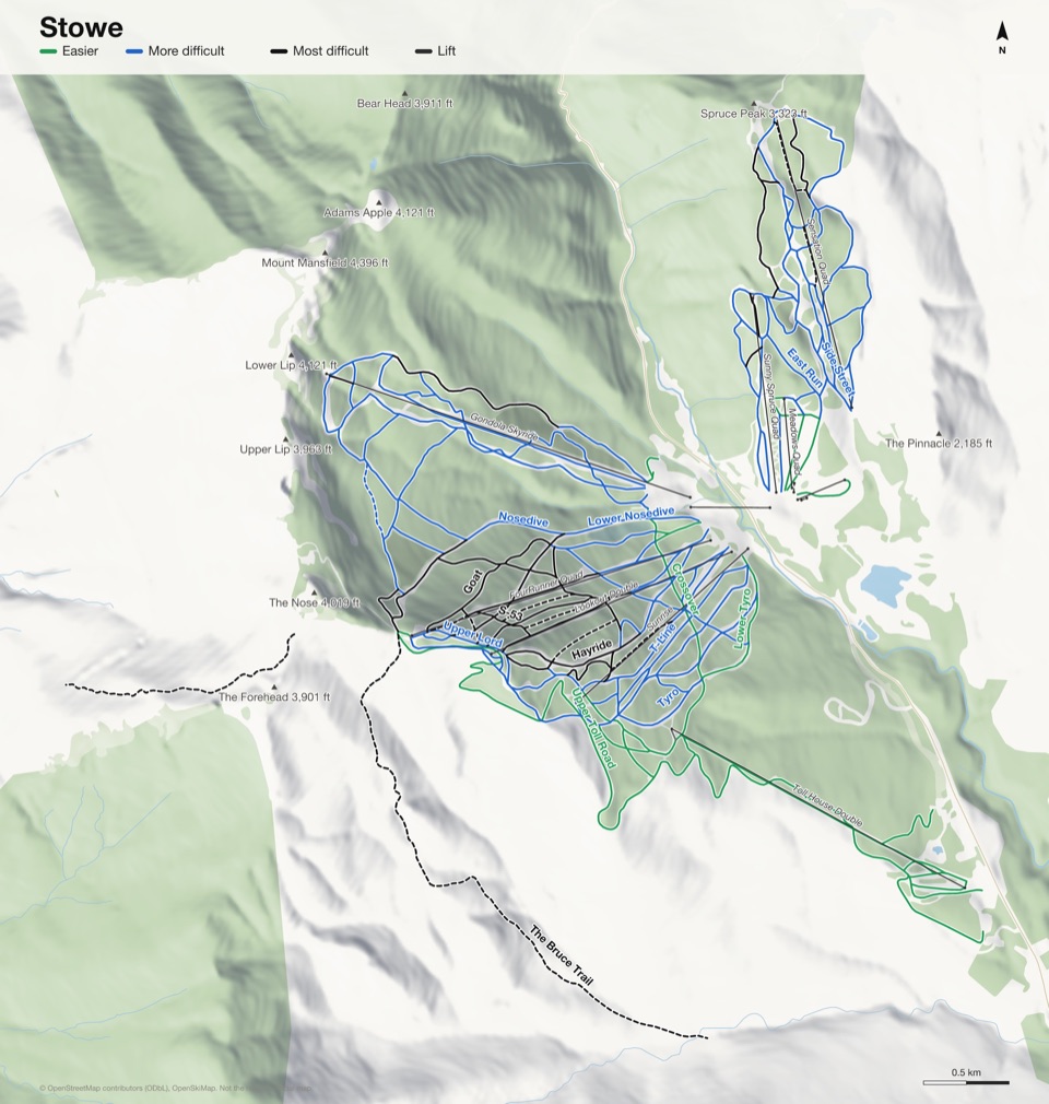 Map of Stowe with 126 named runs and 12 lifts, coloured by difficulty
