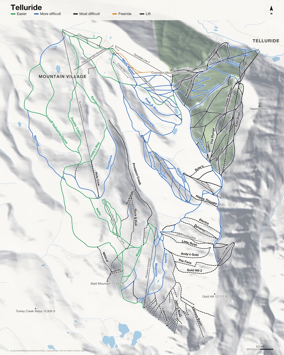 Map of Telluride with 127 named runs and 19 lifts, coloured by difficulty