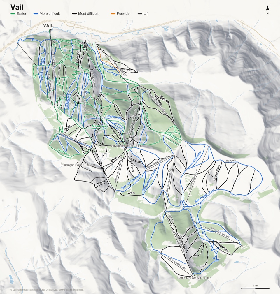 Map of Vail with 218 named runs and 30 lifts, coloured by difficulty