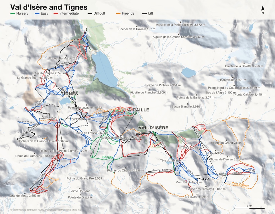 Map of Val d'Isère and Tignes with 192 named runs and 80 lifts, coloured by difficulty