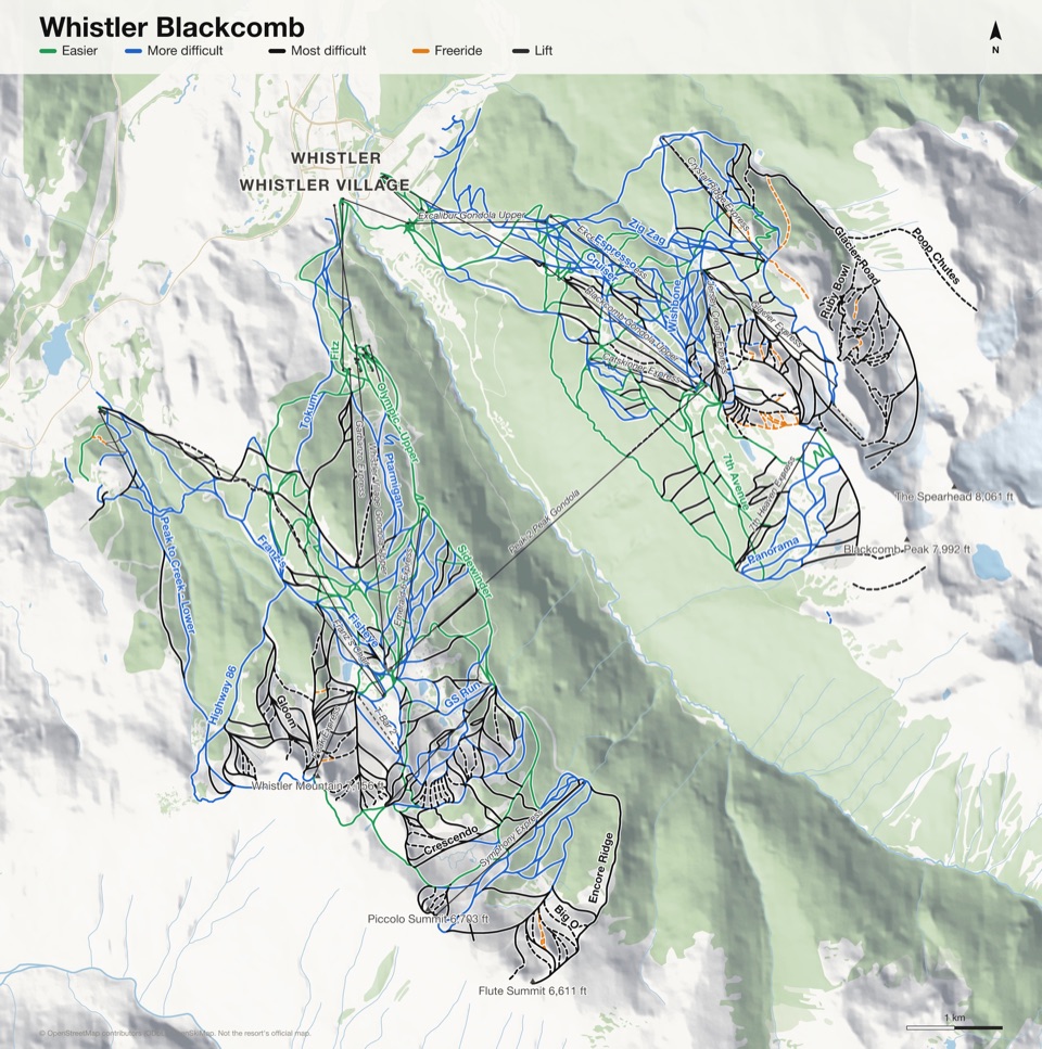 Map of Whistler Blackcomb with 504 named runs and 36 lifts, coloured by difficulty