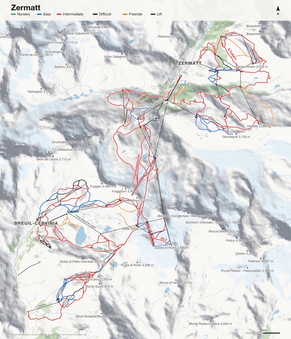 Map of Zermatt with 159 named runs and 52 lifts, coloured by difficulty