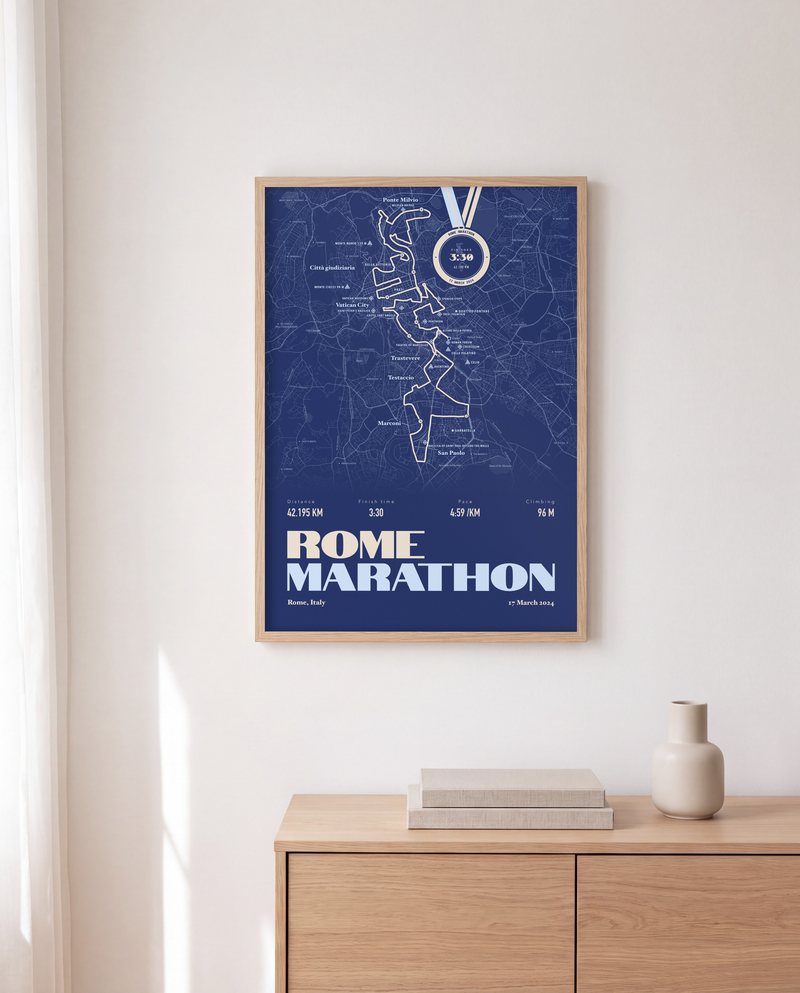 A Rome Marathon running print in Royal Blue, in a natural wood frame, above a sideboard
